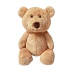 Plush teddy bear with tan fur sitting on a white background