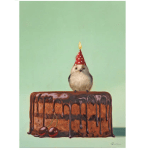 Bird wearing a party hat perched on a chocolate cake with cherries