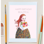 Birthday card with a girl holding a gift box