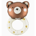 Bear-shaped foil balloon with a brown bear face and white ring decorated with gold stars