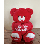 Red teddy bear holding a heart with "Be My Valentine" text