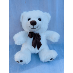 White teddy bear with a dark ribbon bow
