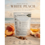 Package of white peach organic tea with peaches and a glass cup on sand