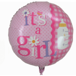 Pink balloon with "it's a girl" text and baby bottle graphic