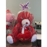 Red teddy bear in clear wrap with a purple ribbon