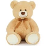 Beige teddy bear with a brown ribbon bow