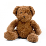 Brown plush teddy bear sitting on a white background