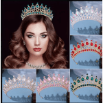 Jeweled tiara shown in several color variations, worn by a model