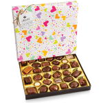 Box of assorted chocolates with a heart-patterned lid