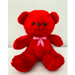 Red plush teddy bear with a pink checkered bow