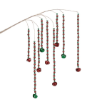 Red and green hanging bead strands with jingle bells