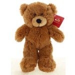 Brown plush teddy bear with a red tag