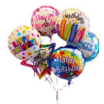 Cluster of colorful birthday balloons with printed messages
