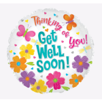 Round balloon with "Thinking of You! Get Well Soon!" text and colorful flowers