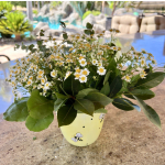 Small white daisy bouquet in a yellow bee-patterned pot