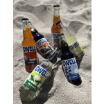 Assorted SWELL soda bottles lying on sand
