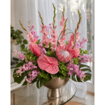 Pink tropical floral arrangement in a gold pedestal vase
