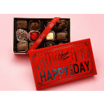 Box of assorted chocolates with a red birthday gift box lid
