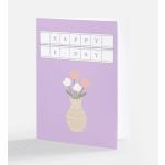 Birthday card with a vase of flowers on a lavender background