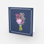 Greeting card with a small pastel flower bouquet on a navy cover
