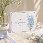 Congratulations card with blue floral border and bouquet illustration