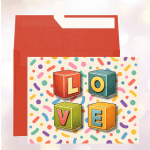 Red envelope with a colorful "LOVE" card insert