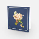 Blue greeting card with a small pastel floral bouquet on the front