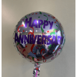 Round foil balloon reading Happy Anniversary