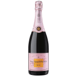 Pink-labeled rosé champagne bottle with foil-wrapped neck