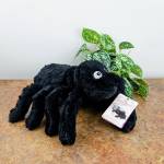 Black plush spider with a plant behind it