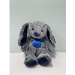 Gray plush bunny with blue ribbon sitting on a white surface