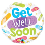 Round balloon with "Get Well Soon" text and colorful bandage graphics