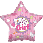 Pink star-shaped balloon with "It's a Girl" text and heart decorations