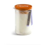 White candle in a glass jar with a wooden lid and hanging tags