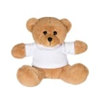 Brown teddy bear wearing a white T-shirt