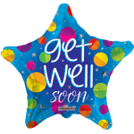 Star-shaped blue balloon with colorful dots and "get well soon" text