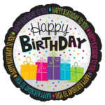 Round birthday balloon with colorful gift graphics and text