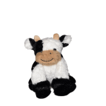 Black-and-white plush cow toy sitting upright