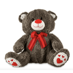 Plush teddy bear with a red bow and heart details on its paws
