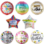 Assorted birthday foil balloons in round and star shapes