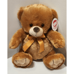 Brown teddy bear with an orange ribbon bow