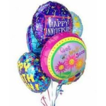 Cluster of colorful anniversary and birthday balloons