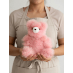 Person holding a pink fluffy teddy bear