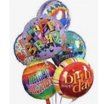 Cluster of colorful birthday balloons with printed messages