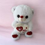 White teddy bear holding a heart with red accents on a pink background