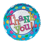 Round blue foil balloon with colorful polka dots and "Thank You!" text