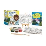 Bob Ross painting kit with canvases, paint pots, and a brush