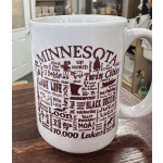 White ceramic mug with maroon Minnesota-themed text and graphics