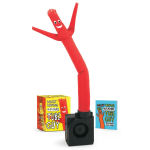 Red inflatable tube guy with a black blower and two product boxes