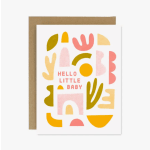 Baby greeting card with colorful abstract shapes and "Hello Little Baby" text